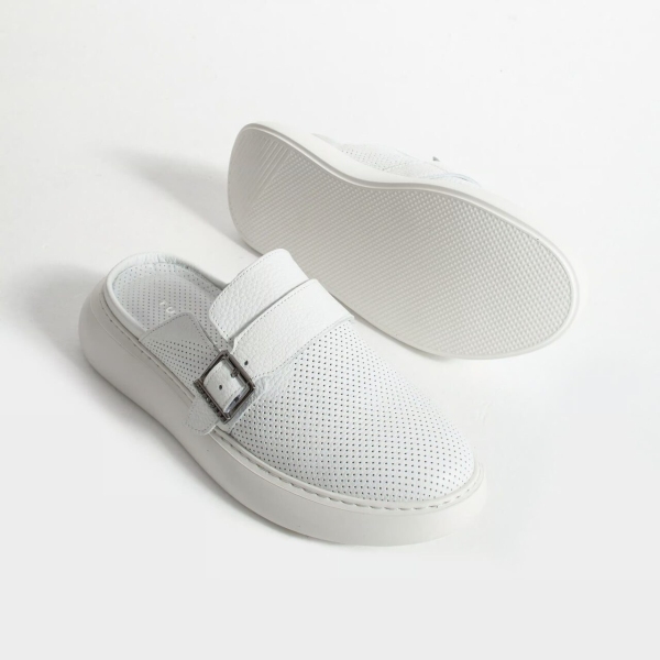 Saboti albi barbatesti, din piele naturala, cu catarama reglabila, Marimi: 45, , 5 image