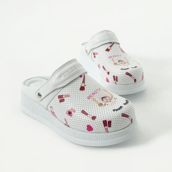 Saboti medicali albi, din piele naturala, cu bareta, Marimi: 36, 