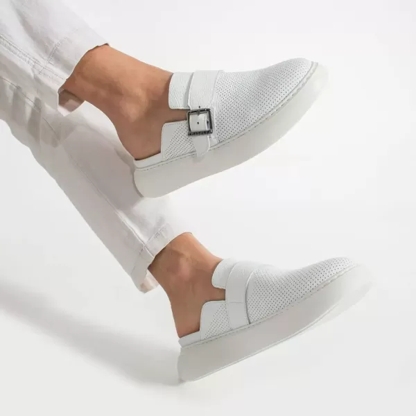 Saboti albi barbatesti, din piele naturala, cu catarama reglabila, Marimi: 45, , 3 image