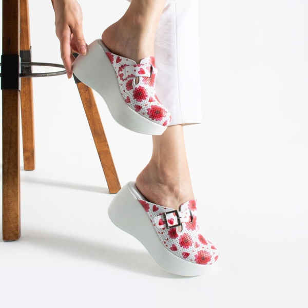 Saboti medicali, din piele natura, alb/rosu, cu platforma, Marimi: 37, , 3 image